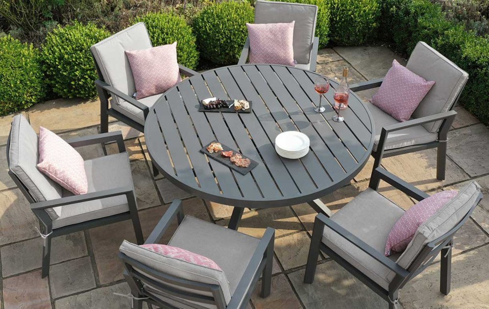 Six seat grey aluminium round outdoor dining set