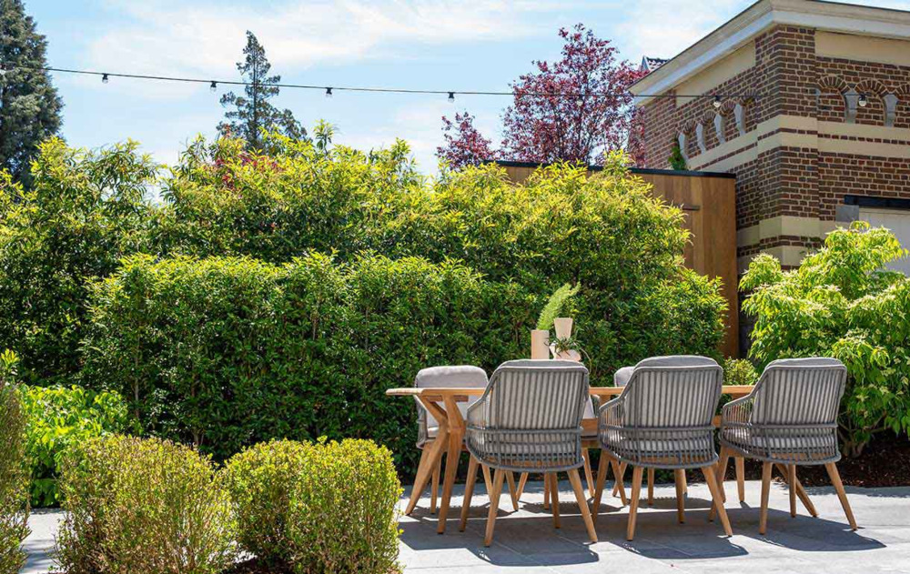 Teak dining set with 6 dining chairs in the sun